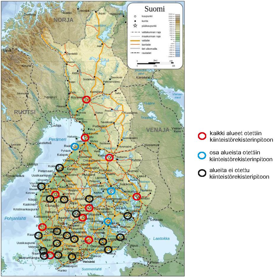 14 Kuva 1. Kartta kiinteistörekisteriä pitävistä kaupungeista, jotka ovat olleet mukana kuntaliitoksissa 1.1.2000 jälkeen.