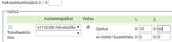 resurssin. Tämä tuntimäärä siirtyy opettajan työaikasuunnitelmalle. Kauttaviivan vasemmalle puolelle tulevat näkyviin opettajan työjärjestystä varten antamat tuntitiedot.