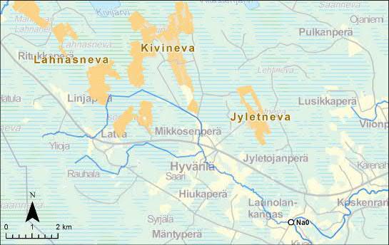 41 Kuva 15 Jyletneva, Lahnasneva ja Kivineva sekä vesistötarkkailupiste. Mankisennevan purkuvedet laskevat reittiä Mankisenoja-Kurranjärvi-Kurranoja- Siikajoki.