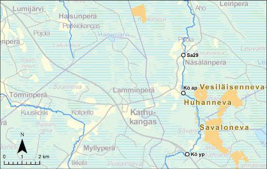 Savalonevan ja Vesiläisennevan vedet laskevat reittiä Köyryoja-Savaloja- Kurunkanava-Siikajoki (Kuva 18). Vesistön vedenlaatua tarkkaillaan turvetuotantosoiden ylä- ja alapuolella Köyryojassa.