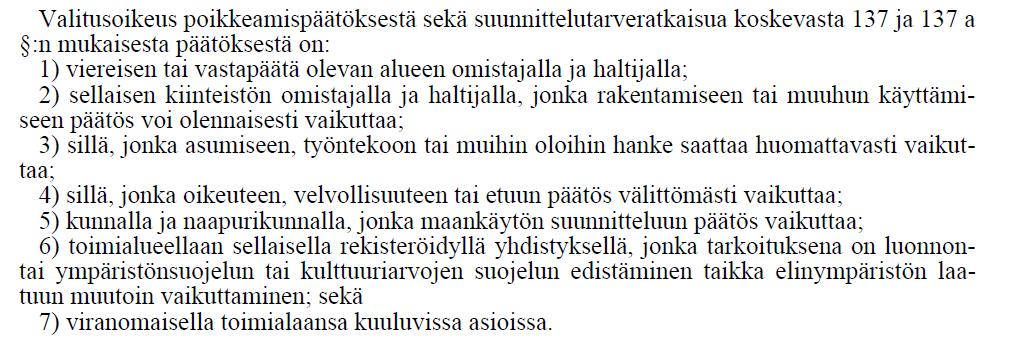 MRL 191 Valitusoikeus poikkeamispäätöksestä ja suunnittelutarveratkaisusta