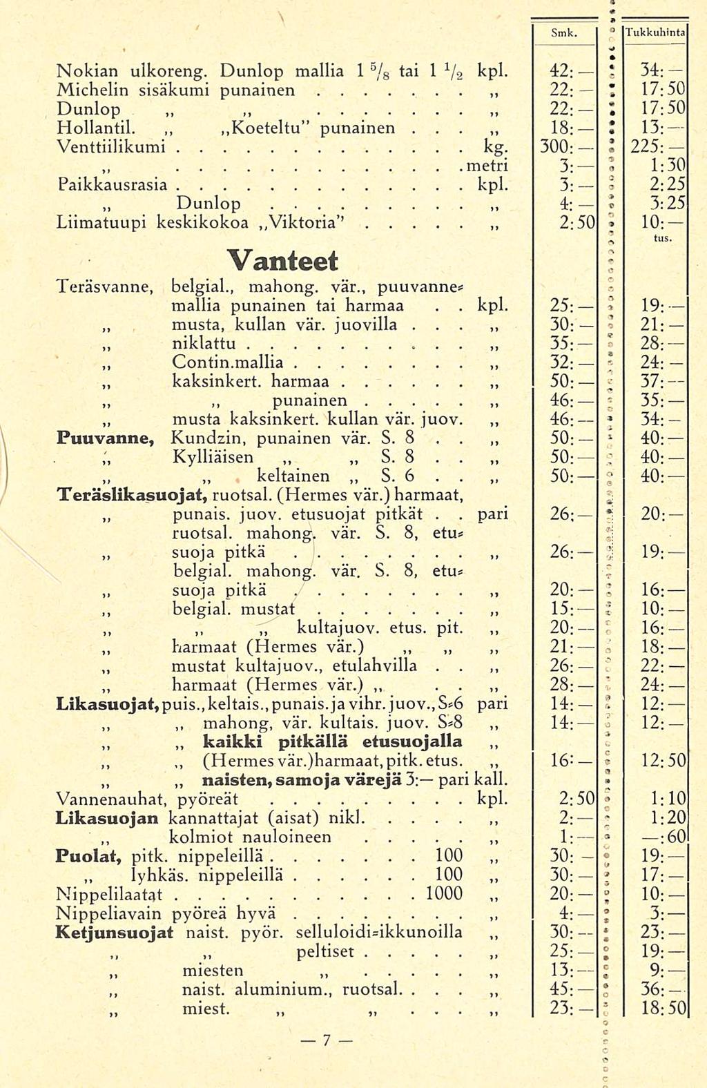 lyhkäs kpl pari t l l j 1 J i S J J Smk Tukkuhinta Nokian ulkoreng Dunlop mallia 1 5 / 8 tai 1 1/ 2 kpl 42: 34: Michelin sisäkumi punainen 22: I 17; 50 Dunlop 22: 17:50 Hollantil Koeteltu punainen