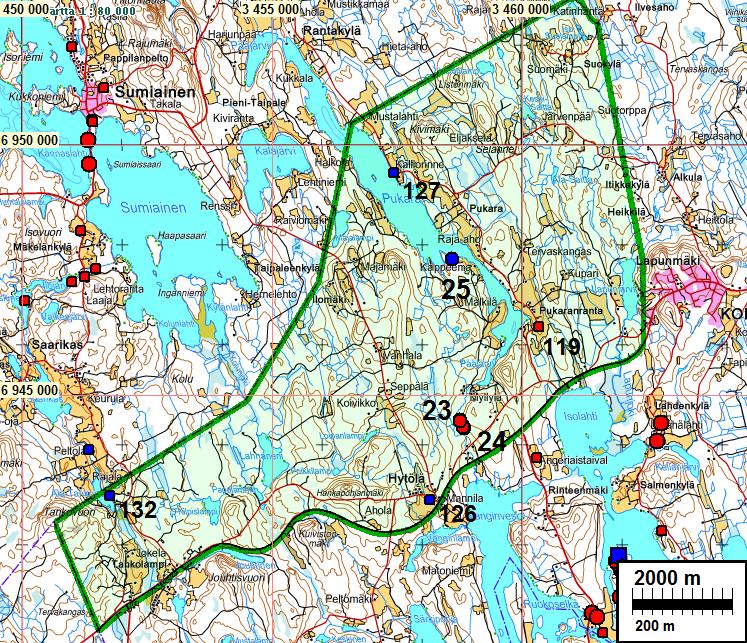 3 Yleiskartta Tutkimusalue rajattu vihreällä. Muinaisjäännökset eri symbolein (pun. pallo = kivikautinen asuinpaikka, pun pieni neliö = kivik. löytöpaikka, sininen = rautakautinen löytöpaikka.
