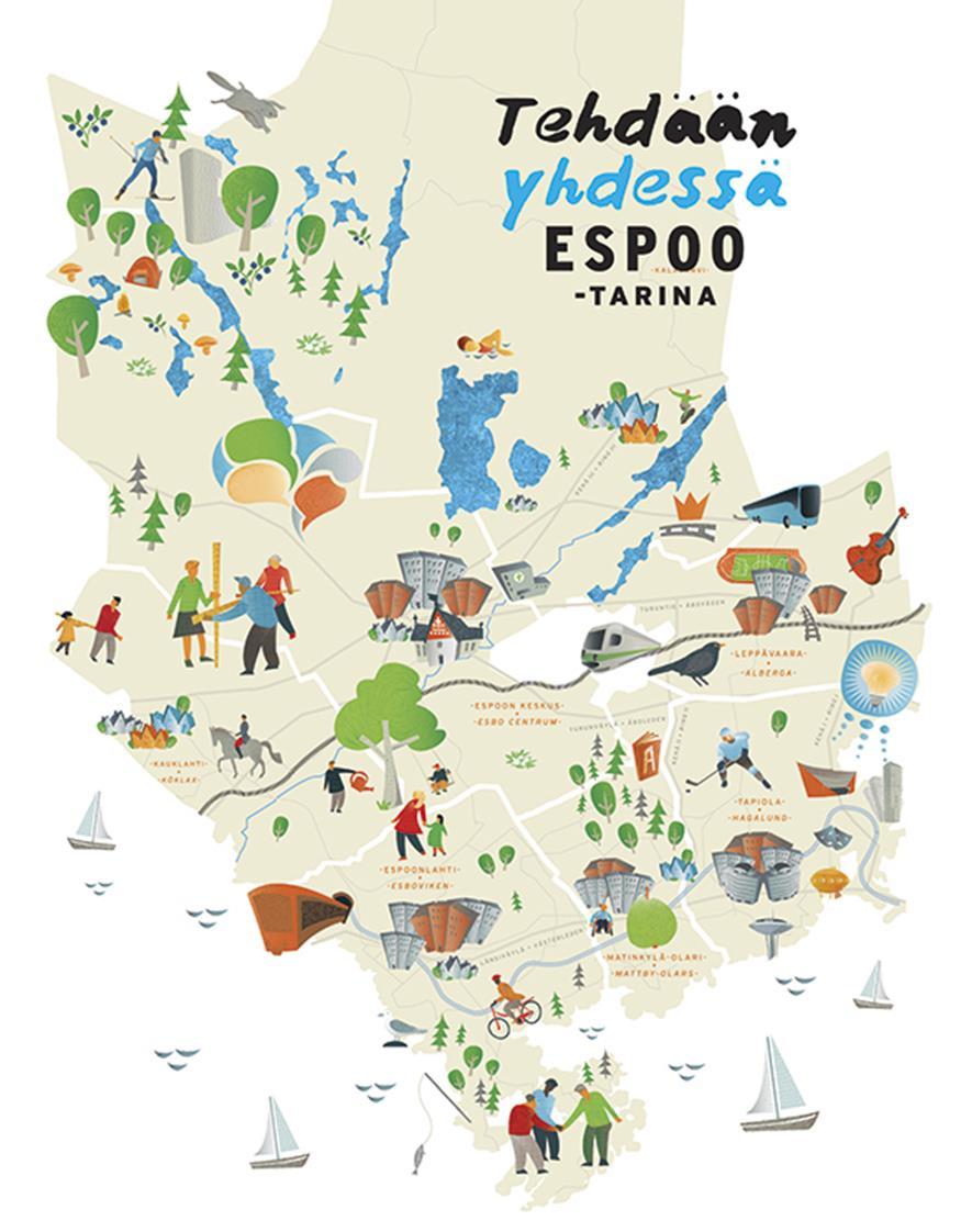 Perustana valtuuston hyväksymä Espoo-tarina Verkostomainen viiden kaupunkikeskuksen Espoo on vastuullinen ja inhimillinen edelläkävijäkaupunki,