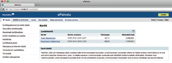 Muokkaa korttiluottosi ominaisuuksia epalvelun avulla voit halutessasi helposti muokata luottosi ominaisuuksia kuten vaihtaa eräpäivää tai lyhennysprosenttia sekä ottaa käyttöön lyhennysvapaan