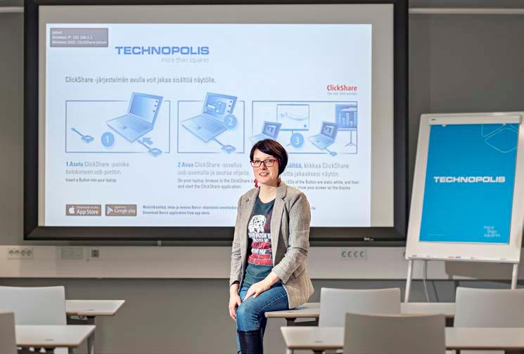 Kuva: Mikko Törmänen Technopoliksen asiakkaille vuokrattavissa neuvottelutiloissa kokouksia helpottaa Clickshare, kertoo Sanna Autio.