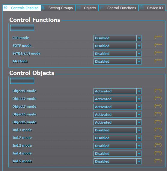 Kun objekti (Control Objects) on aktivoitu sen löytää Objects välilehdestä. 6.3.1 ASETTELURYHMÄT (SETTING GROUPS) Setting Groups-välilehdessä voi asetella asetteluryhmien toimintoja.