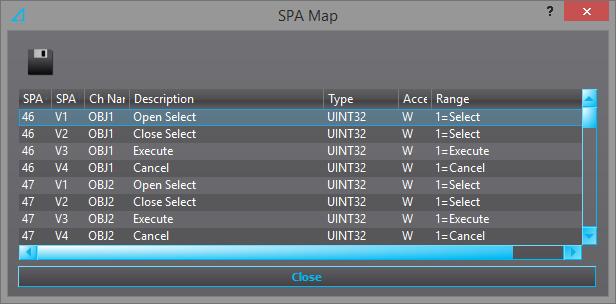 Ohjekirja AQtivate 200 Asettelutyökalu 78 (100) 8.8.2 SPA MAP SPA:han liittyvät tiedot löytyvät SPA map-dialogista Tools Communication-valikosta.