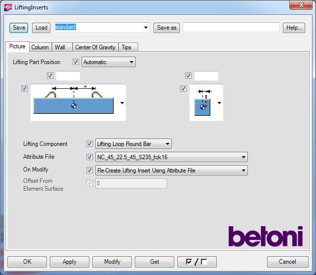 23 Kuva 17. LiftingInserts- ohjelman käyttöliittymä (Betoniteollisuus ry) Kyseinen ohjelma koostuu monesta erilaisesta komponentista, joilla toteutetaan eri nosto-osatyyppien sijoittelu ja mitoitus.