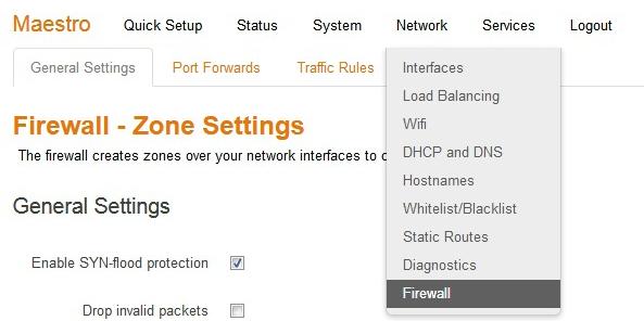 16. Siirry kohtaan Network -> Firewall -> Custom Rules.