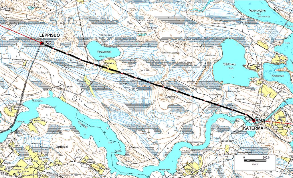 Tihisenniemi - Katerma110 kv voimajohdon uusiminen 4 YMPÄRISTÖSELVITYKSEN TÄYDENNYS JOHTO-OSUUDELLA LEPPISUO - KATERMA Kuva 2. Leppisuo Katerma johto-osuus (musta katkoviiva), jota täydennys koskee.