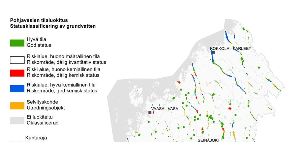 8.2.3 Pohjavesien kemiallinen ja määrällinen tila Läntisellä vesienhoitoalueella on huonossa kemiallisessa tilassa olevia pohjavesialueita 43 kappaletta (POVET 30.6.2014).