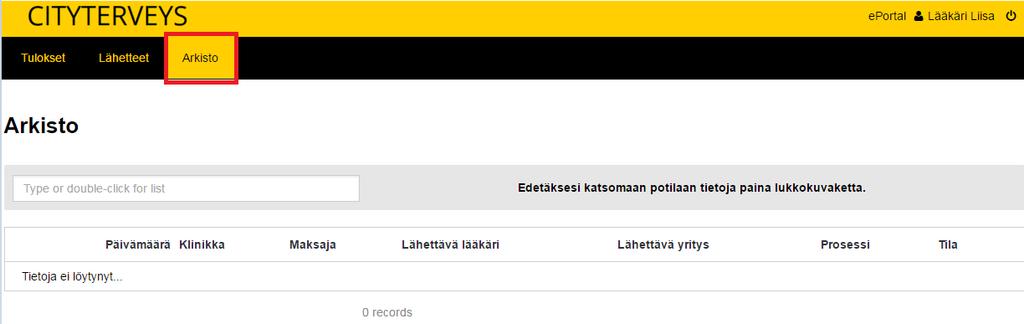 Haluamasi potilaan tuloksia pääset tarkastelemaan kirjoittamalla potilaan sosiaaliturvatunnuksen