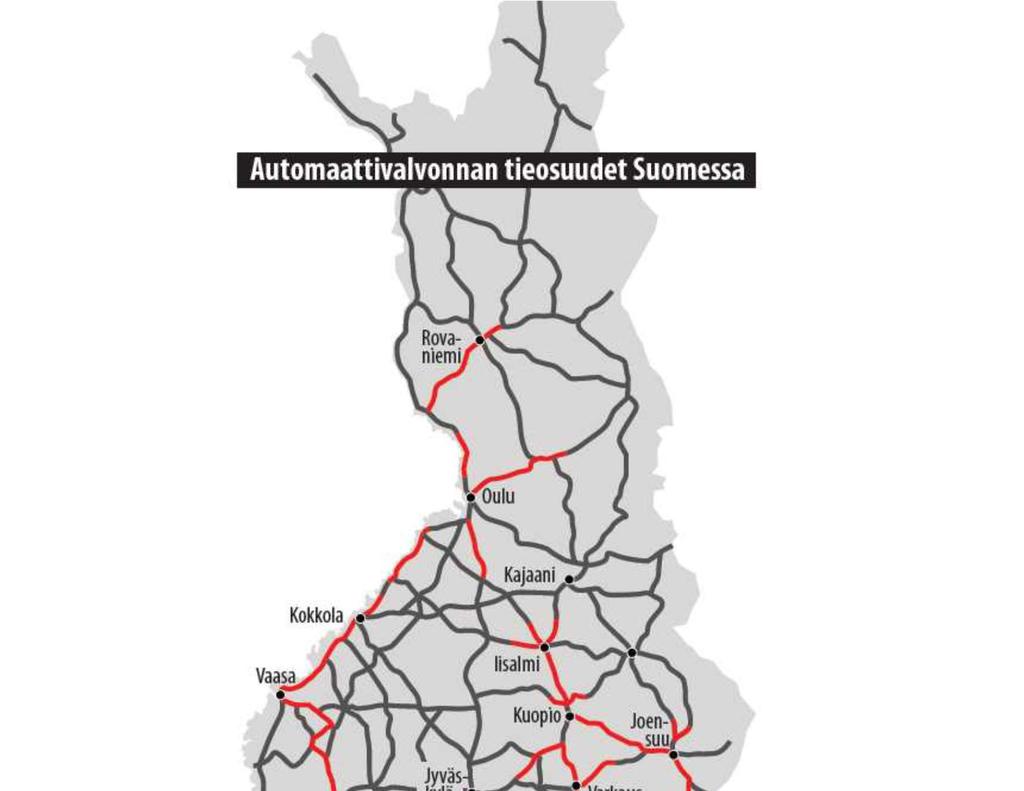 14 / 50 Kuva 6. Automaattivalvonnan tieosuudet Suomessa vuonna 2015 (Poliisi 2016) 2.3.