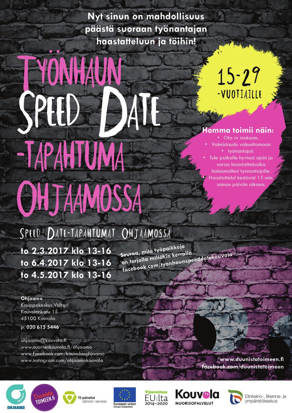 haastattelun jälkeen tai ohjata jatkohaastatteluun. Tarkoituksena on antaa nuorille työhaastattelukokemusta ja mahdollisuuksia työllistyä. Speed date -tilaisuuksiin osallistuu noin 20-50 nuorta.