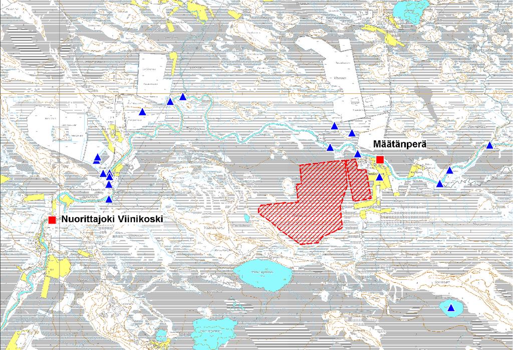 FCG Planeko Oy YMPÄRISTÖVAIKUTUSTEN ARVIOINTIOHJELMA 21 (33) Vuonna 2007 Kiiminkijoen turvetuottajien vesistötarkkailun yksi havaintopiste oli Nuorittajoen Määtänperän kohdalla (N47), missä veden