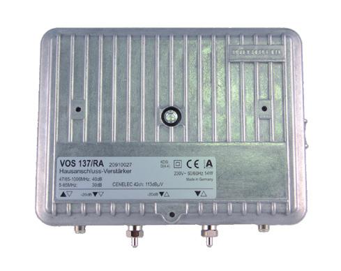7542961 VOS 137/RA KTV-talovahvistin GaAS-MMIC state-of-the-art pääteasteella myötös. 47/85-1006MHz, vahvistus 30/34/40 db, CTB:113dB,kytkintyyp. tulovaim.