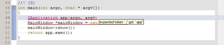 QtCreatorin huomatessa virhe koodissa, se näyttää virheen tiedot, kun hiiren kursori on sijoitettu virheellistä koodia sisältävän rivin päälle. /5/ Kuva 10. QtCreatorin editor osa.