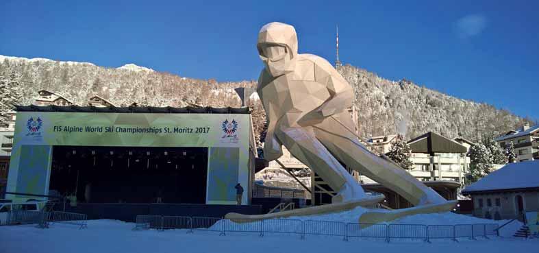 Puinen hiihtomonumentti Edy on St. Moritzissa vuonna 2017 pidettyjen alppihiihdon MM-kisojen symbolihahmo.