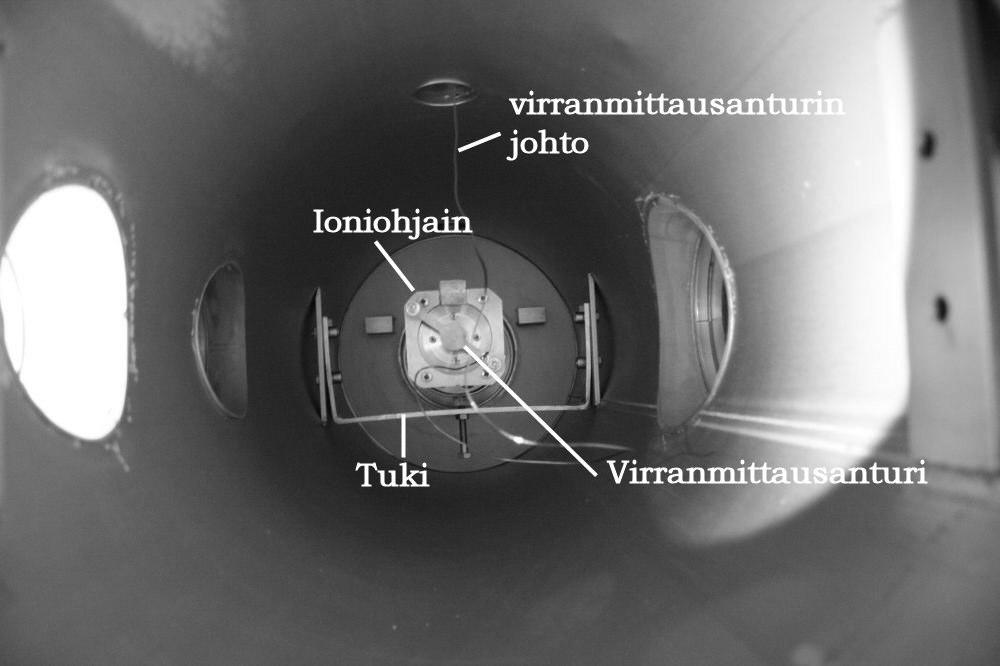 Kuva 12 Kuva runkosylinterin sisältä. Kuvassa näkyy myös ioniohjain ja sen tuki, sekä virran mittaukseen käytettävä anturi sekä sen johto. Johto menee BNC -läpivientiin.