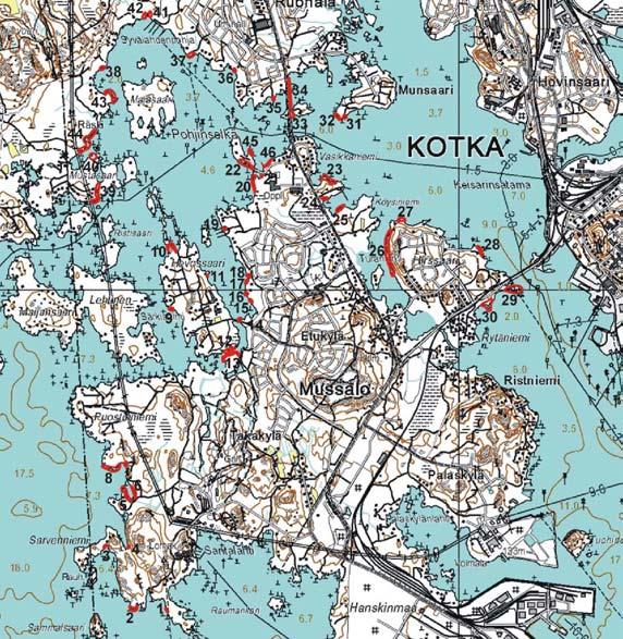 169(190) Kuva 109. Vuonna 2006 läpikäytyjen uusien purtojuurisurviaiskoin selvityskohteiden sijainnit ja numeroinnit. (Faunatica 2006).