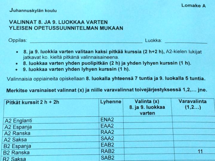 YLEINEN OPETUSSUUNNITELMA Valinnaisia oppiaineita yhteensä 8. luokalla 7 tuntia ja 9. luokalla 5 tuntia 8. ja 9. luokkia varten valitaan kaksi pitkää kurssia (2h+2h) à A2-kielten lukijat jatkavat ko.