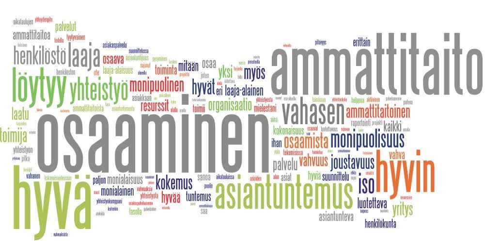 Sanapilvi: yritysten vahvuudet Tutkimuksen avointen kysymysten vastaukset on tiivistetty ns. sanapilveksi.