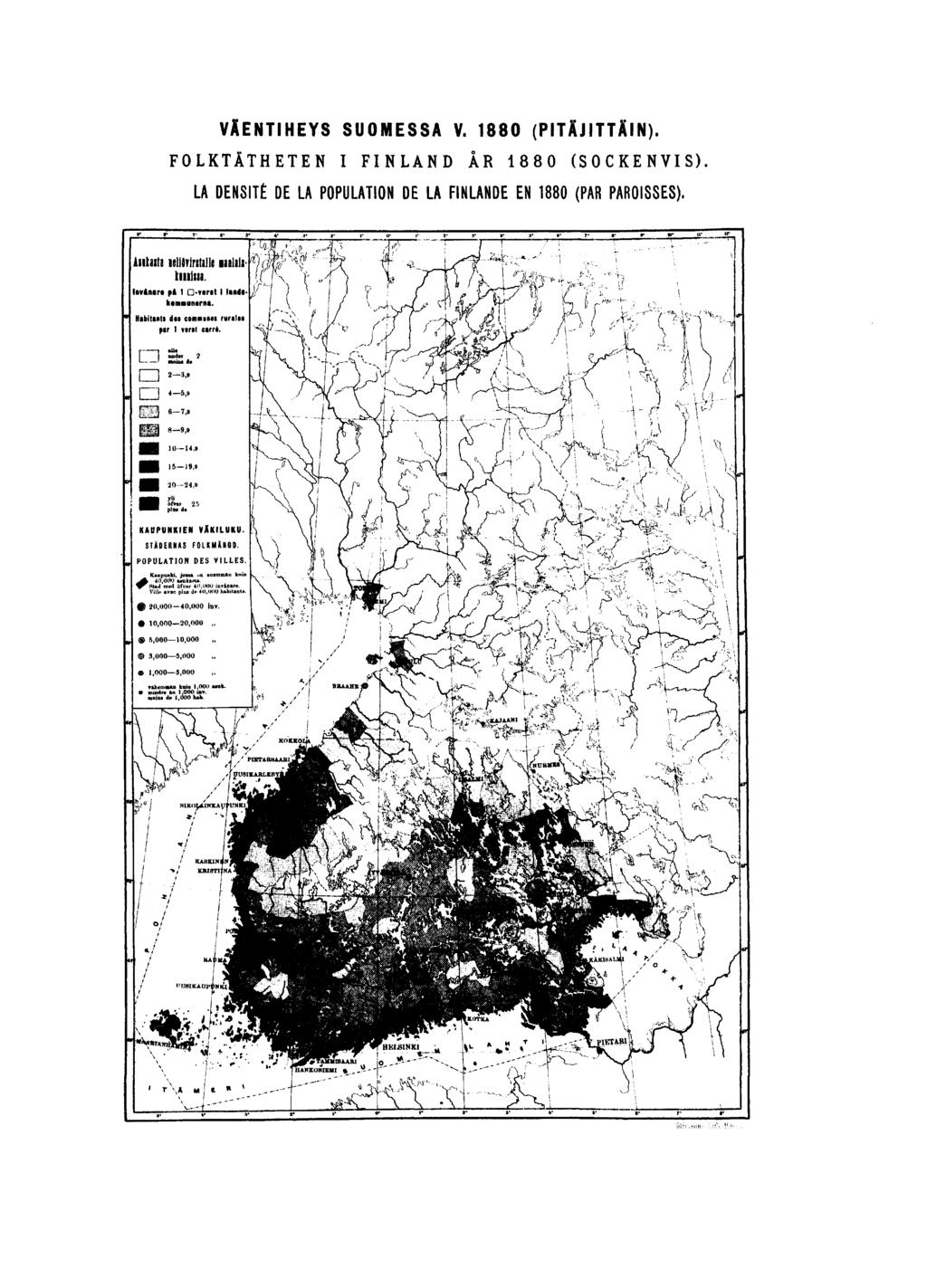 VÄENTIHEYS SUOMESSA V. 0 (PITÄJITTÄIN). FOLKTÄTHETEN I FINLAND ÅR 0 (SOCKENVIS). LA DENSITÉ DE LA POPULATION DE LA FINLANDE EN 0 (PAR PAROISSES).