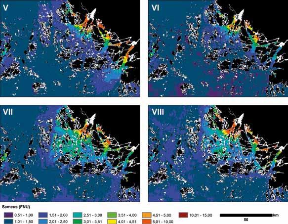 8. Saaristomeren kuukausittaiset keskiarvosameudet satelliittiaineistojen perusteella touko elokuussa 2011. (Alkuperäisaineisto: ESA/ENVISAT/MERIS ja Coastcolour-projekti.