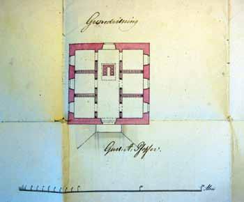 Kuvassa suunnitelma Seiliin rakennettavalla kiviselle "säilytys- tai vankihuoneelle heikoimpia hourulaisia varten vuodelta 1801.