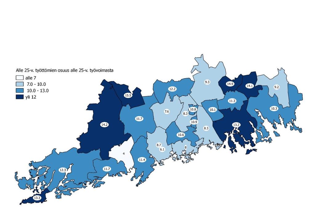 Alle 25-vuotiaiden työttömien työnhakijoiden osuus alle 25-vuotiaasta