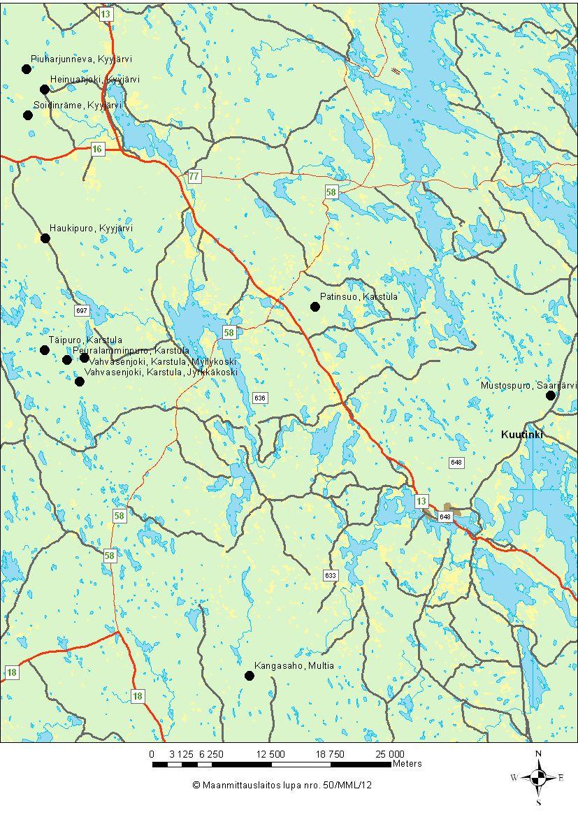Kuva 3. Näytepisteiden sijainti Saarijärven reitillä.