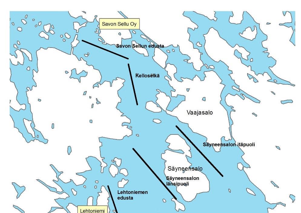 Savo-Karjalan Ympäristötutkimus Oy 58 Luhastensalon lounaispuoli Ollinselkä Jokaiselta alueelta tehdään trooliveto yhdellä linjalla. Alueet pyritään kalastamaan läpi kahtena peräkkäisenä vuorokautena.
