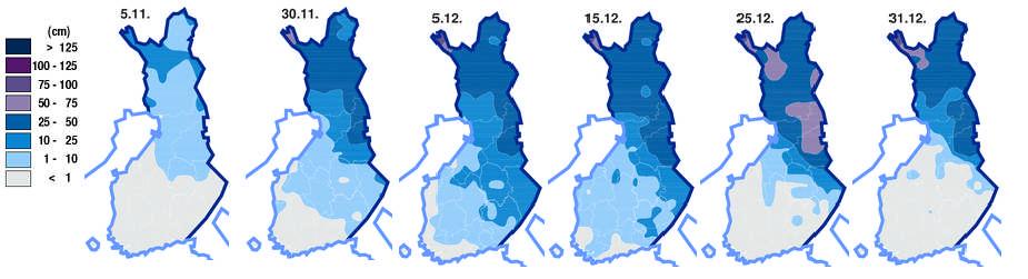 Savo-Karjalan Ympäristötutkimus Oy 8 Kuva 4. Lumen esiintyminen marras-joulukuussa 2013. 2.2. Virtaamat ja vesivarat Tammikuussa useimpien suurten järvien vedenpinnat olivat ajankohtaan nähden korkealla.