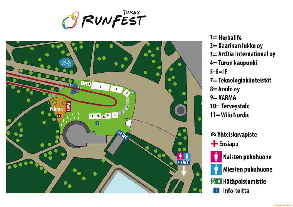Tapahtuma-alue RunFest-kylä RunFestin varsinainen tapahtuma-alue eli RunFest-kylä sijaitsee Kupittaan urheiluhallin ja ravintola Kupittaan Paviljongin välissä Pyhän Henrikin Aukiolla.