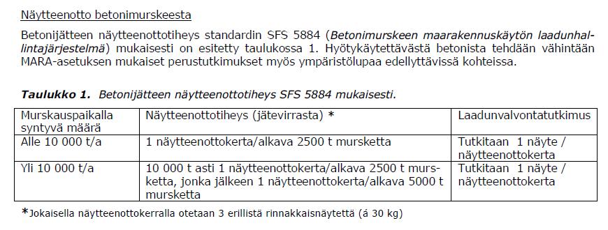 Näytteenottotiheyteen ja näyte-erien kokoon sovelletaan ohjetta Betonimurskeen hyödyntäminen infrarakentamisessa pääkaupunkiseudulla. Ohje. Helsingin, Espoon ja Vantaan kaupunki 17.3.