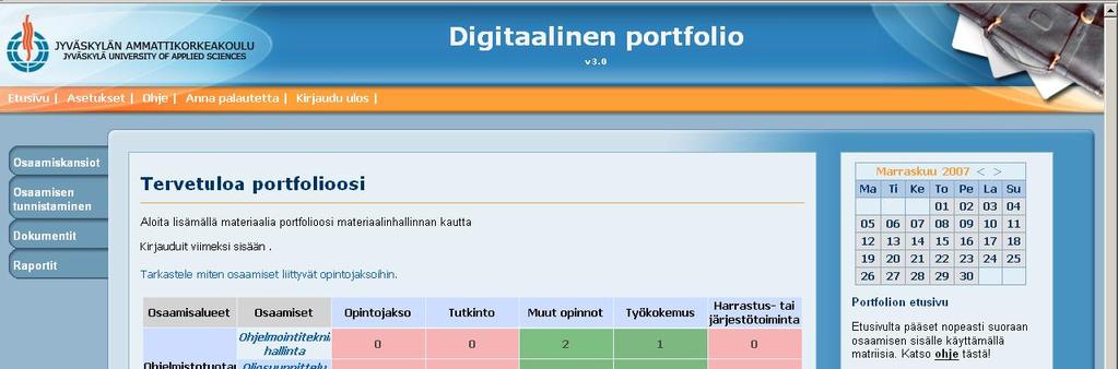 Opiskelijan työkaluja Etusivulla näkyy