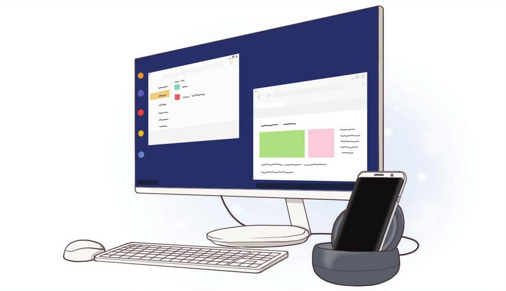 Sovellukset ja ominaisuudet Samsung DeX Samsung DeX on palvelu, jonka avulla voit käyttää älypuhelinta tietokoneen tapaan yhdistämällä älypuhelimen ulkoiseen näyttöön, kuten televisioon tai