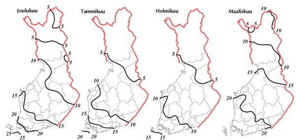 C C -4-4 -8-8 - - -1-1 11 1 17 1 2 11 1 17 1 2 Lappeenranta lentoasema Oulu lentoasema Kuva 1. Talven (joulu- helmikuu) keskilämpötila Lappeenrannassa ja Oulussa talvina 11/ - 2/24.