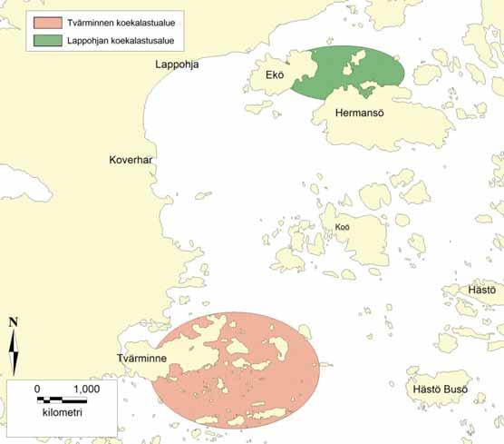6 Kalasto ja kalatalous 6.1 Kalasto Hankealueen kalaston koostumusta on seurattu Coastal -koeverkkopyynnillä Tvärminnen alueella vuosina 2005 2015 sekä Lappohjan alueella vuonna 2013 (kuva 15).