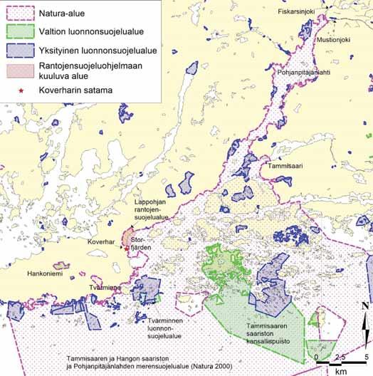 7 Suojelualueet Koverharin satama sijaitsee Tammisaaren ja Hangon saariston ja Pohjanpitäjänlahden merensuojelualueella, joka kuuluu Natura 2000 -verkostoon (kuva 20).