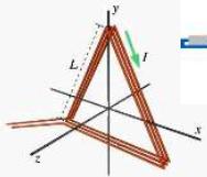 Harjoitus 4, tehtävä 6 JohImessa kulkee virta 0.62 A. Kuvan kolmio muodostuu kolminkertaisesta johimesta, kolmion sivujen pituudet ovat L = 8,3 cm.