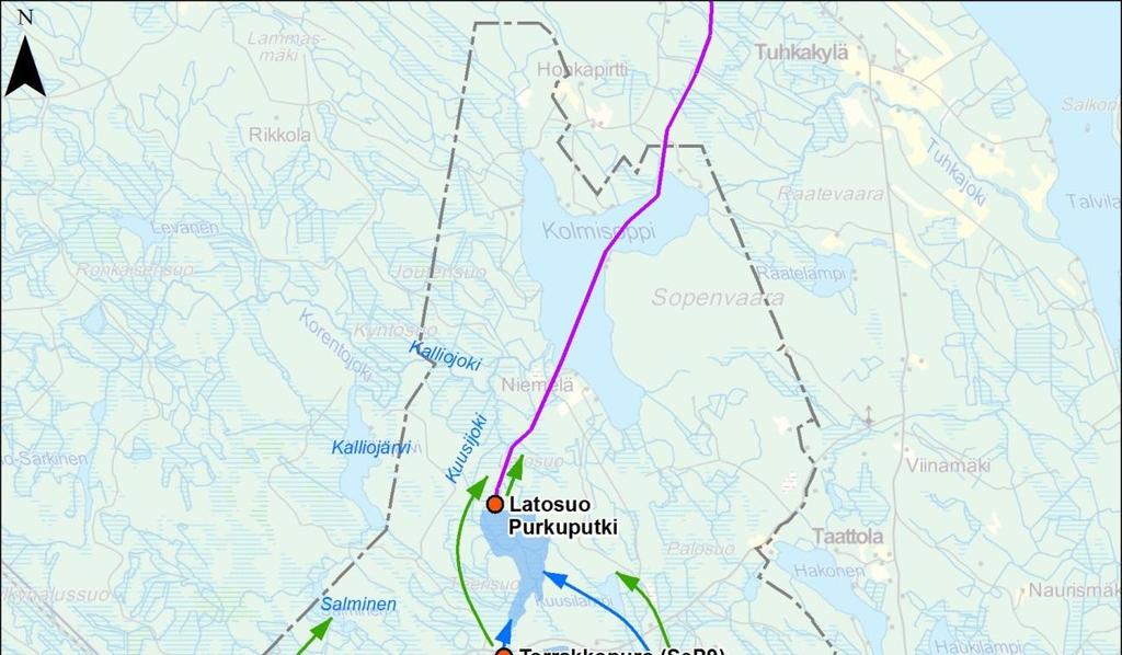 Kuva 5-. Vesien johtaminen ja päästötarkkailun näytteenottopaikat.
