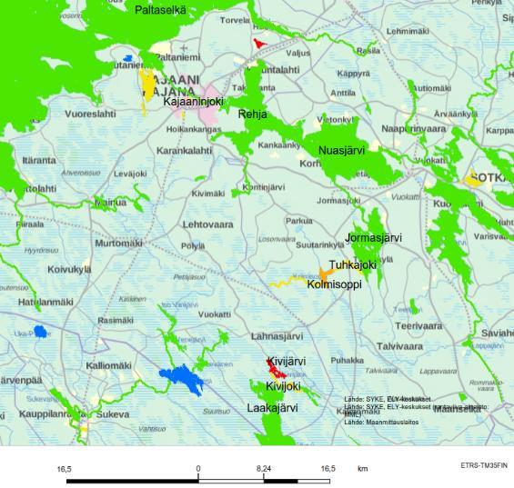 8 Ympäristöhallinnon pintavesityypittelyn mukaan Oulujoen vesistöalueella sijaitsevat Tuhkajoki-Korentojoki ja Jormasjoki ovat keskisuuria turvemaiden jokia (Kt).