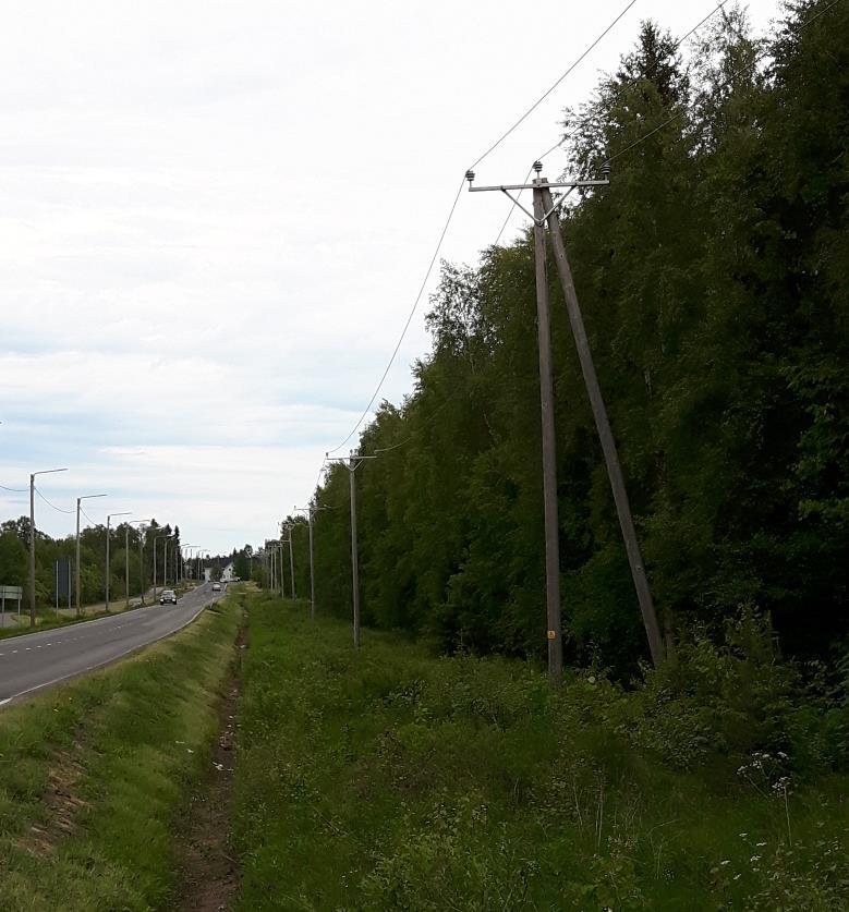 KUVA 2. KJ-avojohto tien varressa (Lehtosaari 2016) Keskijänniteverkossa on käytössä jonkin verran päällystettyjä avojohtoja eli PASjohtoja.