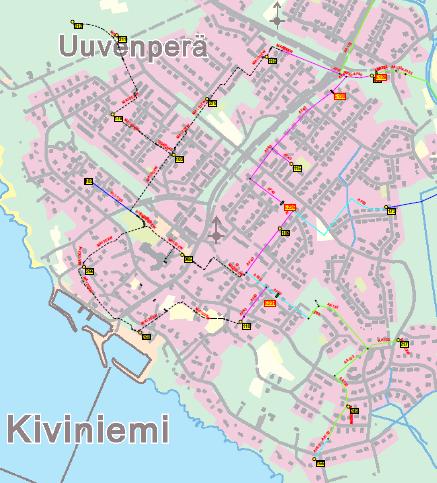 on yhteensä noin kaksikymmentä. Yli puolet Kiviniemen alueen KJ-verkosta on maakaapeloitu. Kiviniemen alueen keskijänniteverkkokartta näkyy kuvassa 9.