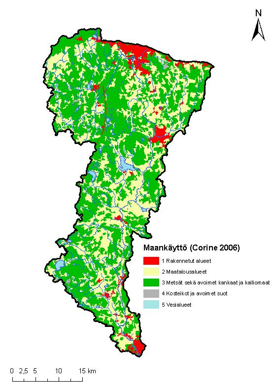 6 Taulukko 5. Maankäyttö Porvoonjoen alueella. Maankäyttöluokka (Corine 2000) Pinta-ala [km²] % Rakennetut alueet 125.30 9.8 Maatalousalueet 399.06 31.4 Metsät sekä avoimet kankaat ja kalliomaat 720.