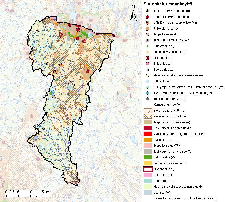 7 Porvoonjoen valuma-alueen kaavoitetut alueet on esitetty kuvassa 4. Itä-Uudenmaan maakuntakaava, jonka ympäristöministeriö on vahvistanut 15.2.2010, kattaa valumaalueen eteläosan.
