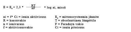 20 KUVA 2. Nerstin yhtälö (HUSLAB 2006c) Amperometriaa käytetään glukoosin ja laktaatin mittauksessa. Amperometria perustuu elektrokemiallisen kalvon läpi kulkevaan sähkövirtaan.