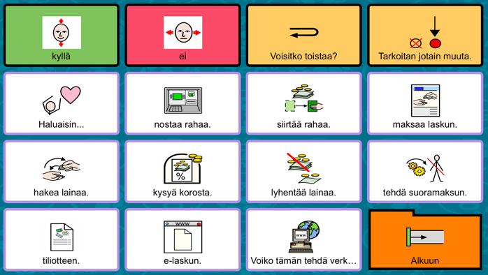 Asiointi (Tilannetaulut) Asiointi-osiosta löytyvät valmiit toimintataulut seuraaviin asiointitilanteisiin: Ravintolassa Lääkärissä Kotoa lähtiessä Asemalla Pankissa Virastossa Hautausmaalla Kuoleman